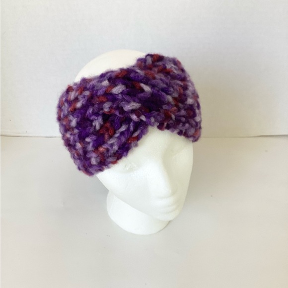 Hat Headband Earwarmer Handmade Purple Red Lavender Knit Ponytail Hat - Picture 2 of 14
